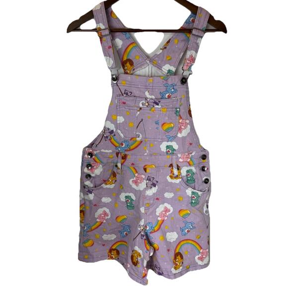 Care Bears Pants - Care Bears Women’s S Overall Shorts Purple Denim Bib Shortalls Cartoon Graphic